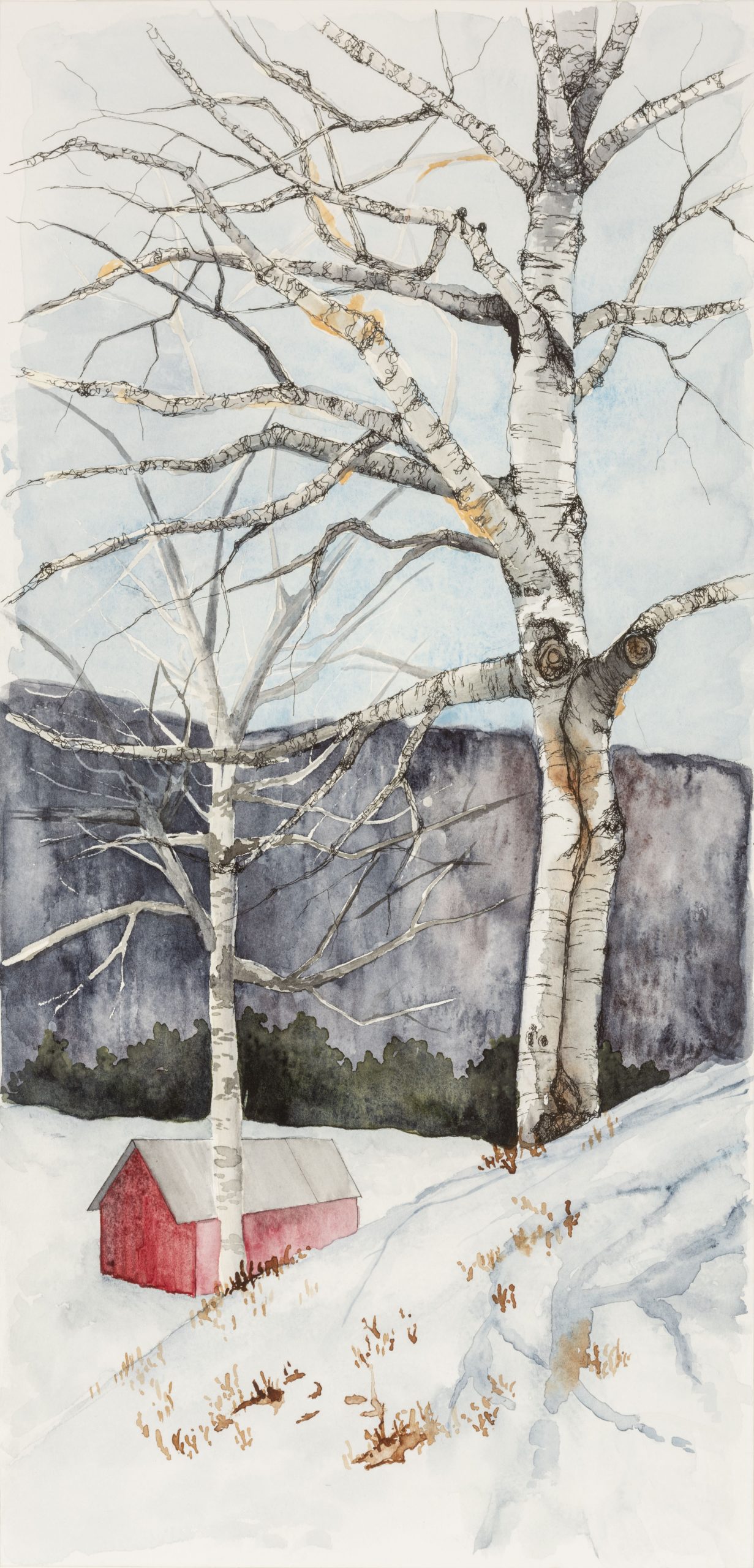 Painting of red barn and birch trees in the mountains called Winter Chill by Amy Hook-Therrien.