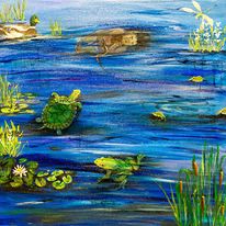 Acrylic painting of a water scene with many shades of blues and greens.