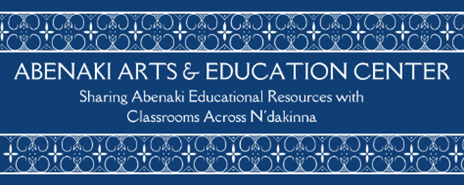 Abenaki Arts and Education Association logo with dark blue background and a white design with double curves and florets and words that say Sharing Abenaki Educational Resources with Classrooms Across N'dakinna.